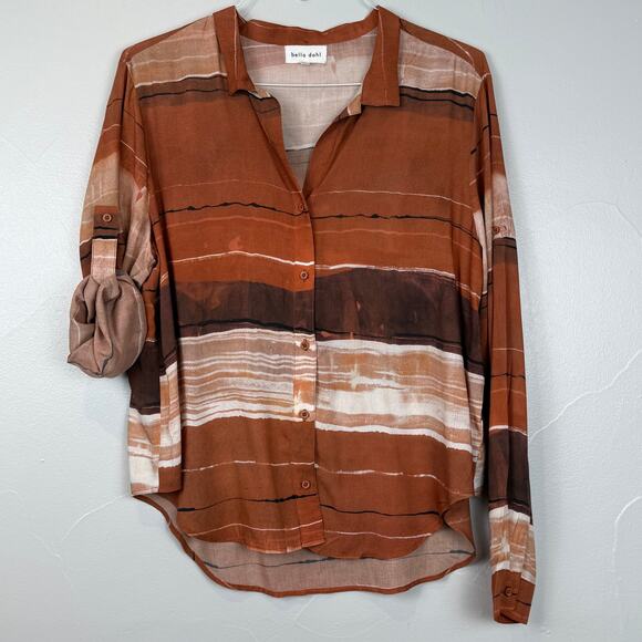 Bella Dahl Striped Button Down Shirt Large Brown Rust Boho Minimalist - Picture 1 of 9